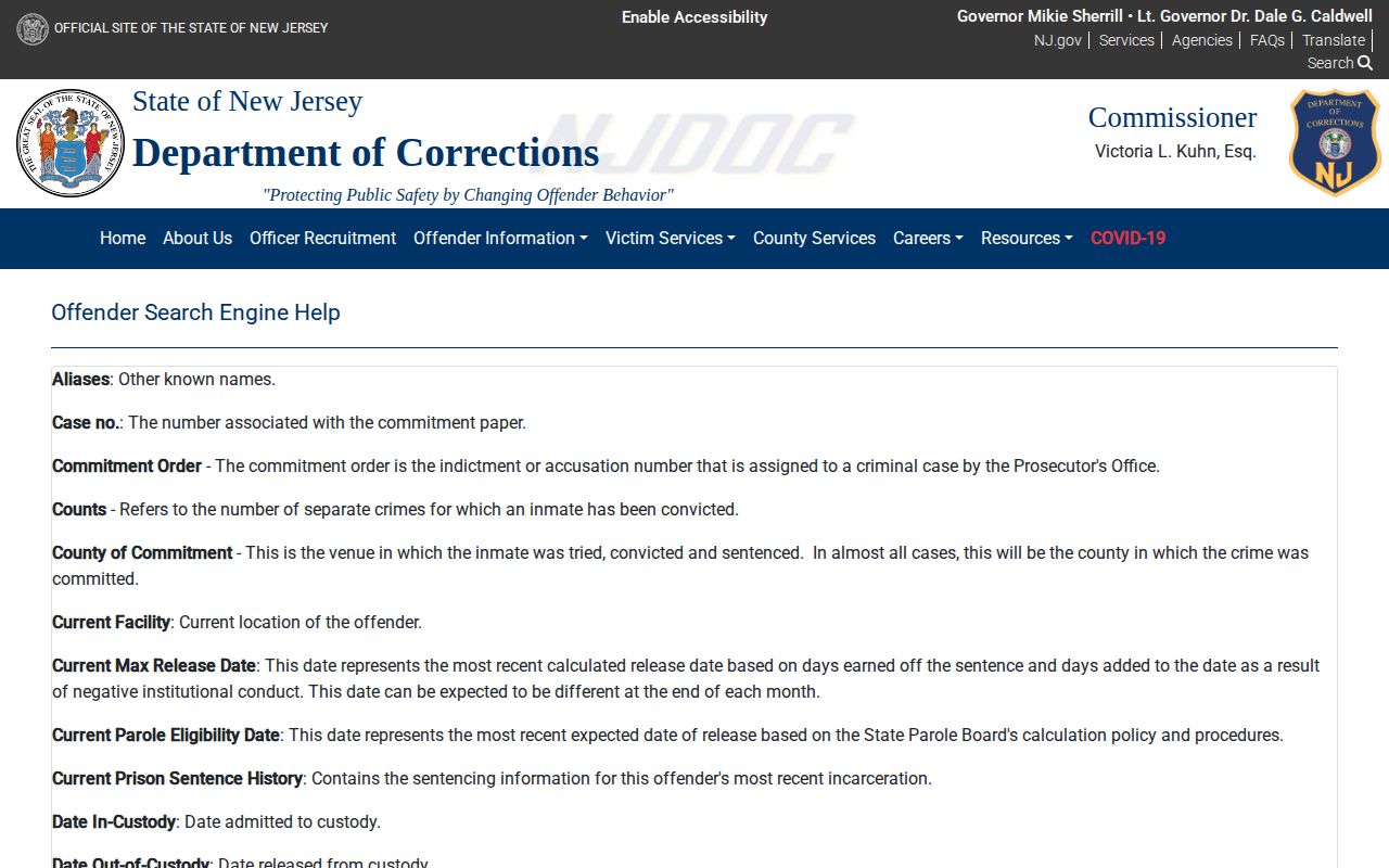 NJDOC projected and actual release date field definitions for a Passaic County commitment