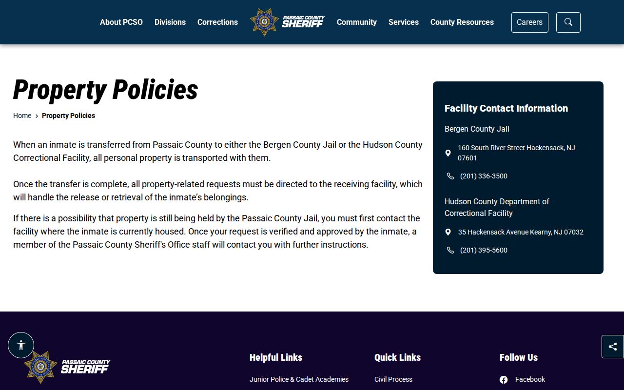 Passaic County Short-Term Processing Facility transfer and property release policy